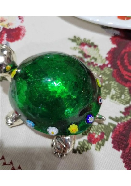 Italyan, Murano Cam , Gümüş Kaplama , Mia Fiore Desenli Yeşil Kaplumbağa Biblo 11×7 cm 1 Adet fırsatları