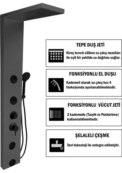 Venüs Metalik Füme Premium Masajlı Duş Paneli - Dikey Jakuzi - Robot Duş - El Duşu - Lüx Duş fiyatları