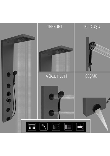 Venüs Metalik Füme Premium Masajlı Duş Paneli - Dikey Jakuzi - Robot Duş - El Duşu - Lüx Duş modelleri