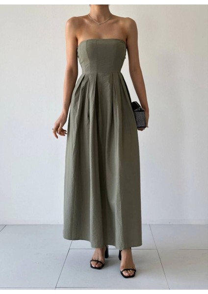 Straplez Midi Elbise %100 Pamuk