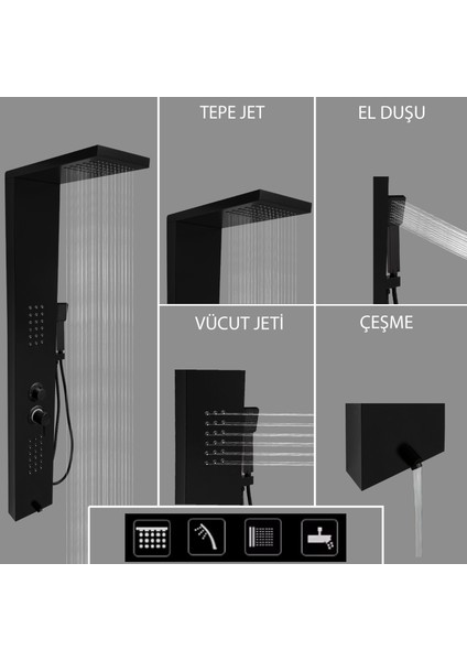 Victoria Siyah Premium Masajlı Duş Paneli - Dikey Jakuzi - Robot Duş - El Duşu - Lüx Duş modelleri