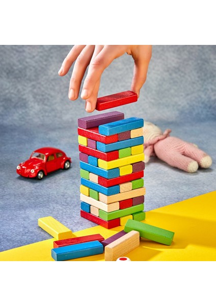 Renkli Jenga Tower Büyük Boy Eğitici Doğal Ahşap Denge Oyunu (54 parça)