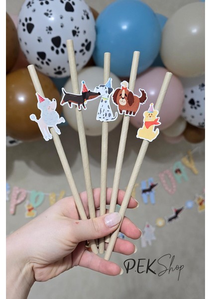 Sevimli Köpekler Tema Pipet Süsleri 10LU Köpekler Konsept Lüks Pipet Paketi