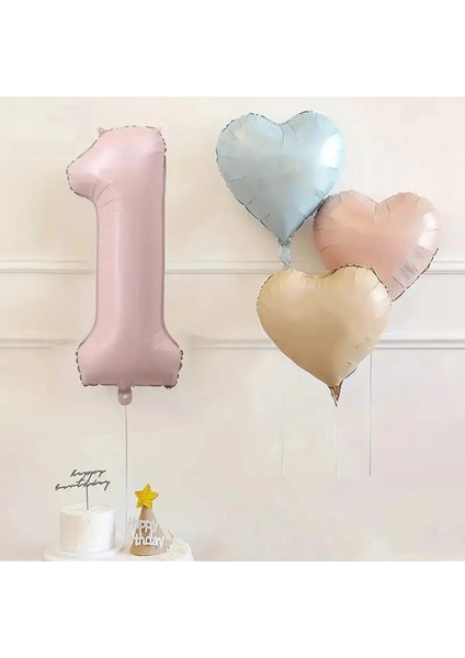 1 Yaş Pembe Rakam Folyo Balon Retro Mavi Pembe Satin Kalp Folyo Balon Doğum Günü Balon Seti