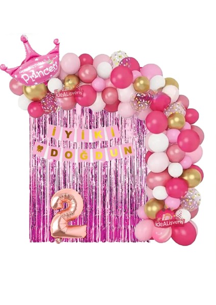 Pembe Beyaz Konseptli 2 Yaş Kraliçe Taçlı Doğum Günü Balon Zincir Seti