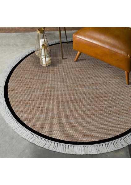 Kaymaz Dijital Mutfak & Salon Halı Toprak Saçaklı Yuvarlak Dokuma E5001 Kahve Bej
