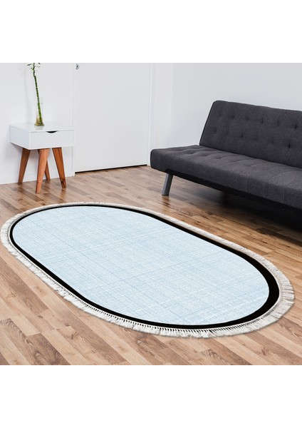 Kaymaz Dijital Mutfak & Salon Halı Saray Deri Saçaklı Oval Dokuma E5007 Açık Mavi