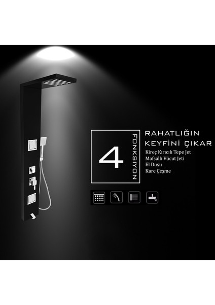 Atlas Siyah Masajlı Duş Paneli - Dikey Jakuzi - Robot Duş - El Duşu - Lüx Duş