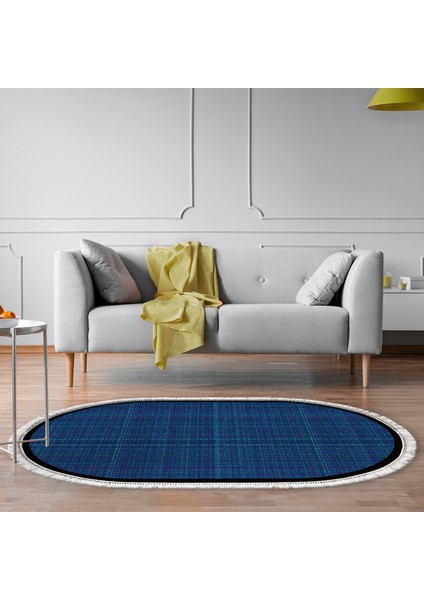 Kaymaz Dijital Mutfak & Salon Halı Toprak Saçaklı Oval Dokuma E5007 Koyu Mavi