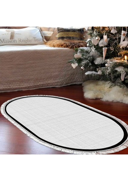 Kaymaz Dijital Mutfak & Salon Halı Saray Deri Saçaklı Oval Dokuma E5007 Gri Beyaz
