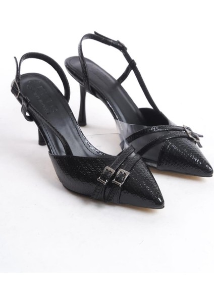 Kadın Arina Siyah Baskılı Rugan 9 cm Ince Topuklu Sivri Burunlu Yanları Acık Stiletto fırsatları