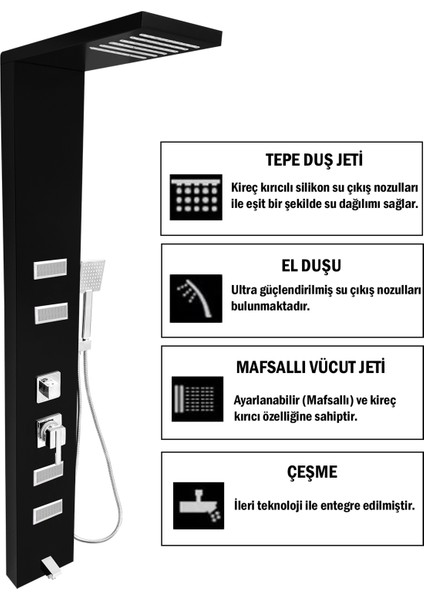 Diamond Siyah Masajlı Duş Paneli - Dikey Jakuzi - Robot Duş - El Duşu - Lüx Duş