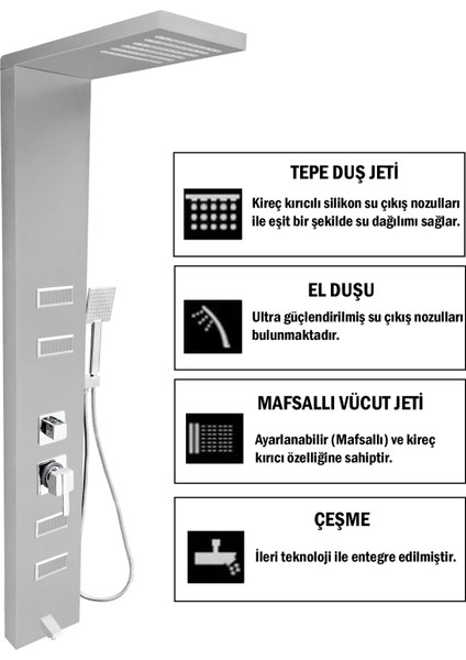 Diamond Silver Gri Masajlı Duş Paneli - Dikey Jakuzi - Robot Duş - El Duşu - Lüx Duş