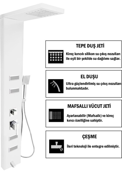 Diamond Beyaz Masajlı Duş Paneli - Dikey Jakuzi - Robot Duş - El Duşu - Lüx Duş fiyatları