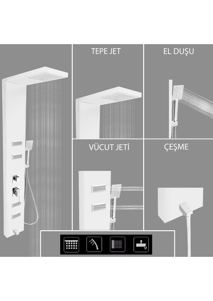 Diamond Beyaz Masajlı Duş Paneli - Dikey Jakuzi - Robot Duş - El Duşu - Lüx Duş modelleri