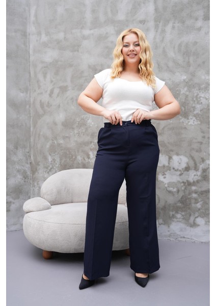 Kadın Büyük Beden Krep Örme Kumaş Bol Paça Lacivert Rahat Pantolon - BGP78