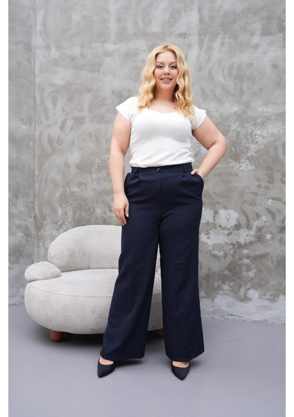 Kadın Büyük Beden Krep Örme Kumaş Bol Paça Lacivert Rahat Pantolon - BGP78 fiyatları
