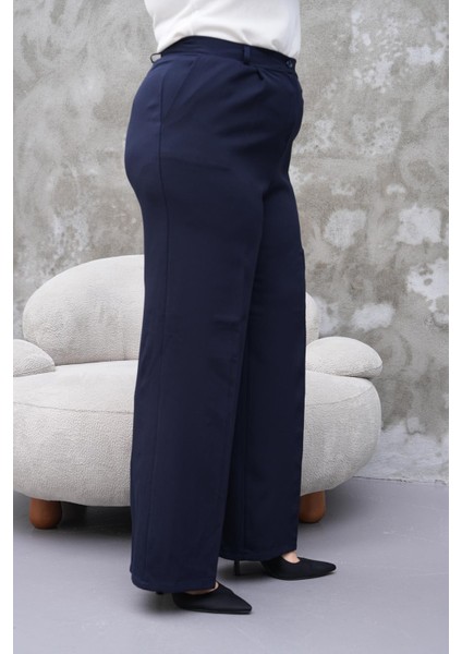 Kadın Büyük Beden Krep Örme Kumaş Bol Paça Lacivert Rahat Pantolon - BGP78 modelleri