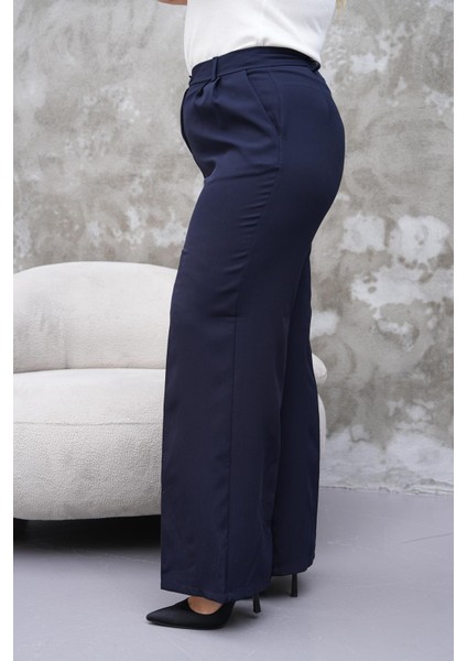 Kadın Büyük Beden Krep Örme Kumaş Bol Paça Lacivert Rahat Pantolon - BGP78 fırsatları