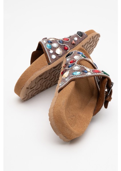 Kadın Taşlı Çift Bantlı Şık Terlik Zy 8028 Taba fırsatları