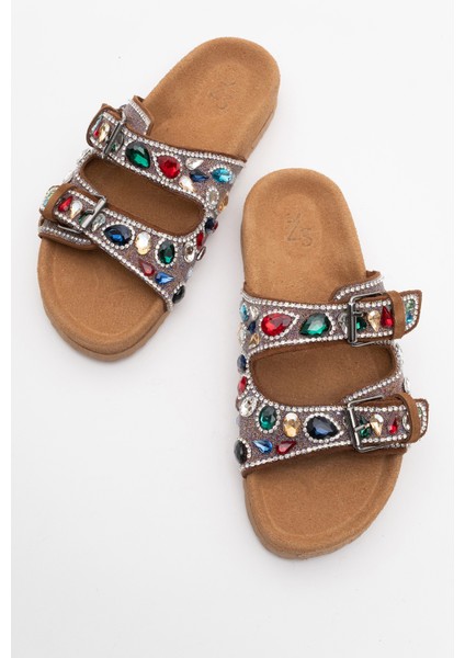 Kadın Taşlı Çift Bantlı Şık Terlik Zy 8028 Taba indirimleri