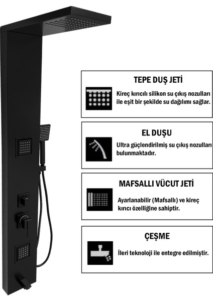 Atlas Siyah Premium Masajlı Duş Paneli - Dikey Jakuzi - Robot Duş - El Duşu - Lüx Duş