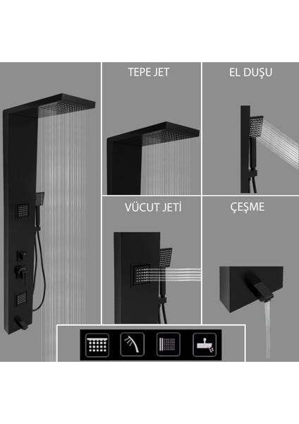 Atlas Siyah Premium Masajlı Duş Paneli - Dikey Jakuzi - Robot Duş - El Duşu - Lüx Duş