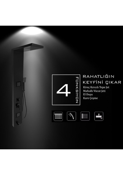 Atlas Siyah Premium Masajlı Duş Paneli - Dikey Jakuzi - Robot Duş - El Duşu - Lüx Duş