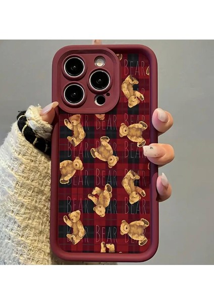 Apple iPhone Teddy Bear Darbeye Dayanıklı Yumuşak Silikon Bordo Telefon Kılıfı