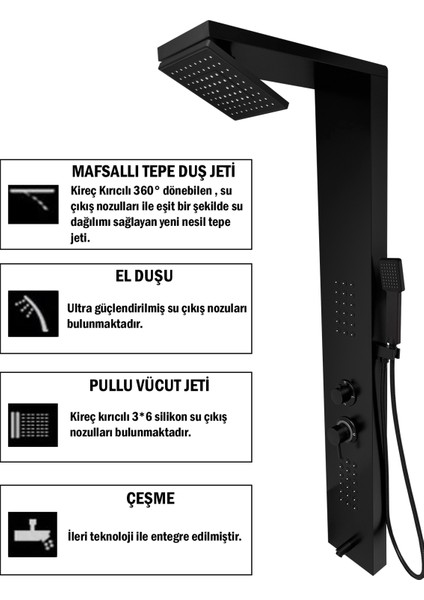 Victoria Siyah Premium Lena Masajlı Duş Paneli - Dikey Jakuzi - Robot Duş - El Duşu - Lüx Duş