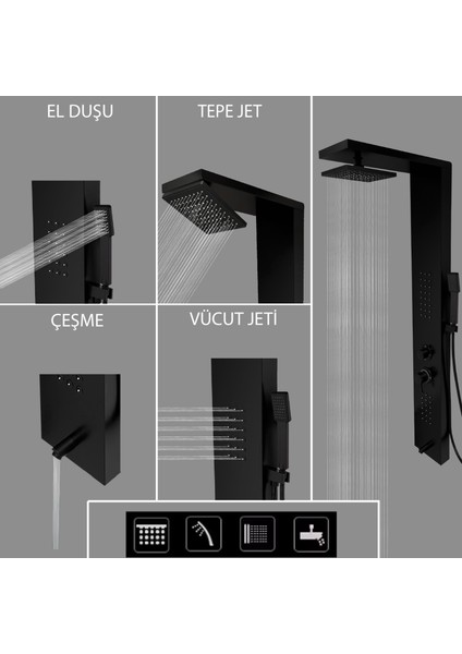 Victoria Siyah Premium Lena Masajlı Duş Paneli - Dikey Jakuzi - Robot Duş - El Duşu - Lüx Duş