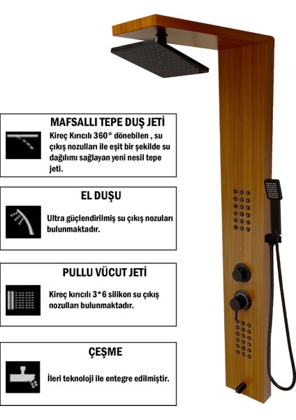 Victoria Teak Ağacı Desenli Premium Lena Masajlı Duş Paneli - Dikey Jakuzi - Robot Duş - El Duşu - Lüx Duş modelleri