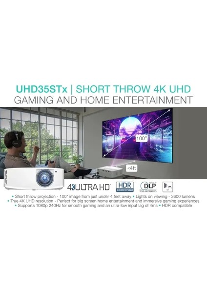 UHD38X Parlak, Gerçek 4K UHD Oyun Projektörü UHD35STX (En Yeni, Lamba, Kısa Mesafe)