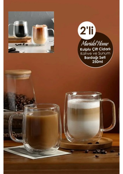 2 Adet Isıya Dayanıklı Kahve ve Sunum Bardağı Borosilikat Çift Çidarlı Kulplu Bardak | 250ML