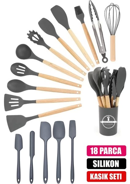 18PARÇA Silikon Kepçe Kevgir Kaşık Fırça Çırpıcı Spatula Maşa Servis Seti Bambu Saplı Mutfak Takımı