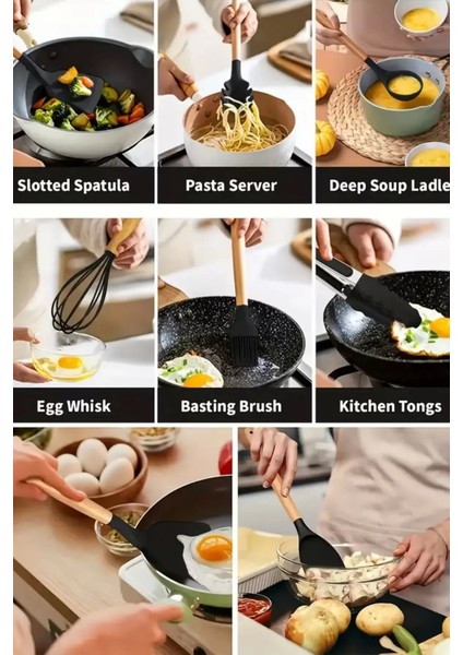 18PARÇA Silikon Kepçe Kevgir Kaşık Fırça Çırpıcı Spatula Maşa Servis Seti Bambu Saplı Mutfak Takımı modelleri