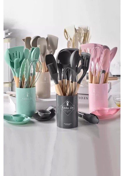 18PARÇA Silikon Kepçe Kevgir Kaşık Fırça Çırpıcı Spatula Maşa Servis Seti Bambu Saplı Mutfak Takımı fırsatları