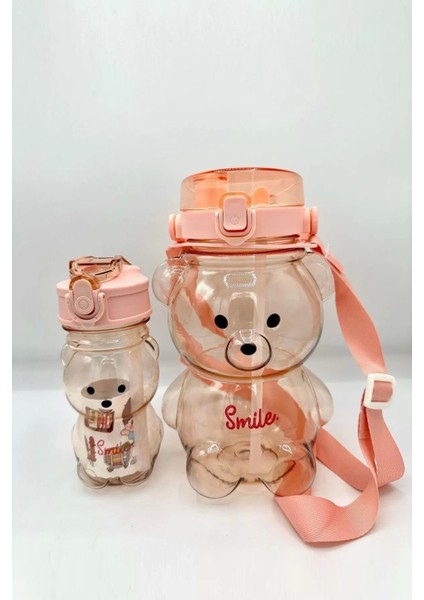 2ADET Şeffaf Smile Ayıcık Su Matarası 1000+400ML Çocuk Su Şişesi Pipetli Sızdırmaz Kapaklı Suluk Seti