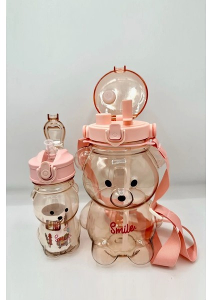 2ADET Şeffaf Smile Ayıcık Su Matarası 1000+400ML Çocuk Su Şişesi Pipetli Sızdırmaz Kapaklı Suluk Seti fiyatları