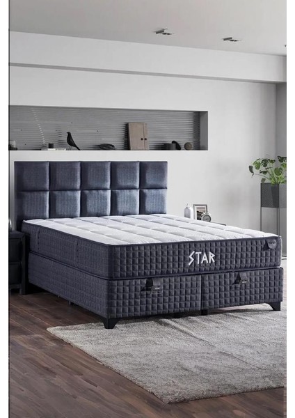 Star Yatak Seti 160 x 200 cm Çift Kişilik Yaylı Sert Ortopedik Yatak Antrasit Lüks Baza Başlık Takımı