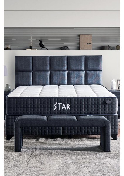 Star Yatak Seti 160 x 200 cm Çift Kişilik Yaylı Sert Ortopedik Yatak Antrasit Lüks Baza Başlık Takımı