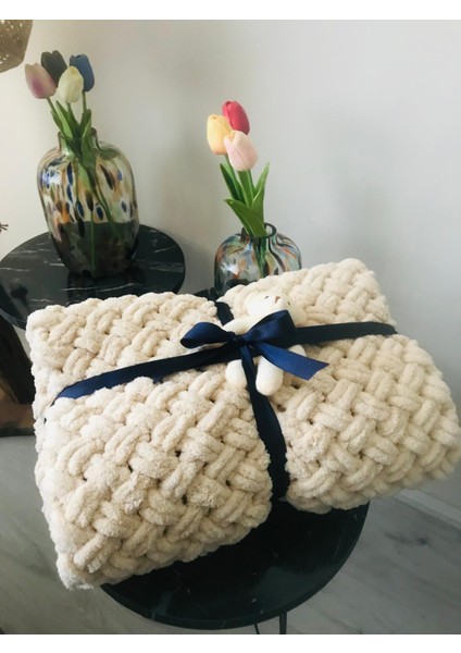 Palm Puffy Hasır Örgülü Bej Bebek Battaniyesi