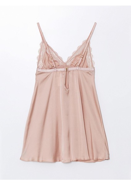 V Yaka Dantel Detaylı Askılı Saten Babydoll