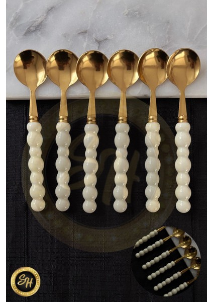 6 Adet Gold Beyaz Inci Taş Detaylı Tatlı Kaşığı Takımı | 6 Parça Lüks Tatlı Kaşığı Takımı