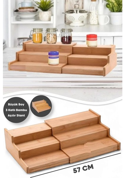 3 Katlı Açılır Büyük Boy Bambu Stand Organizer Tezgahüstü Baharatlık Düzenleyici Mutfak Rafı 57CM