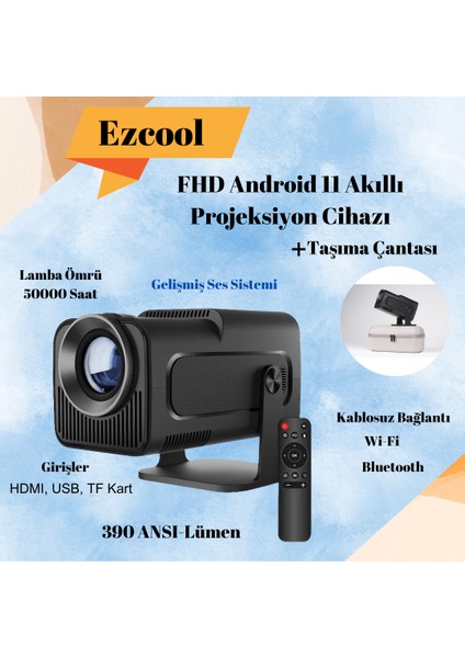 Üstün Performans ve Netlik 390 Ansı Fullhd Android 11 Akıllı Projeksiyon Cihazı