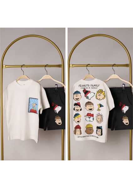 Kız Erkek Çocuk Snoopy Peanuts Baskılı %100 Pamuklu Kumaş Beli Lastikli ve Bağcıklı Şort Tshirt Ikili Takım