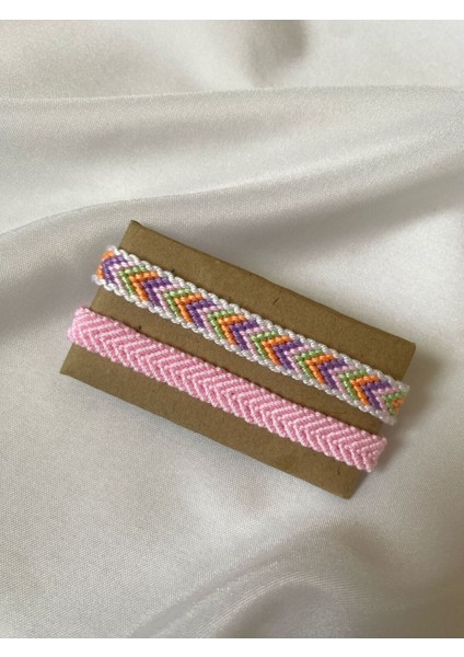 Pembe Beyaz Çerçeveli Pastel Renkli Chevron Örgü Bileklik 2'li Set