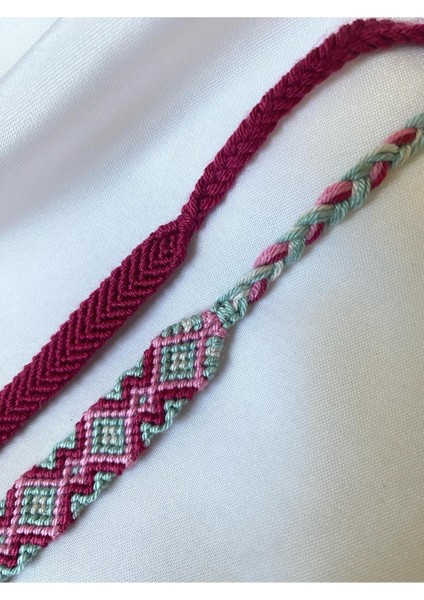 Pembe Etnik Desenli Mavi ve Pembe Örgü Bileklik 2'li Set