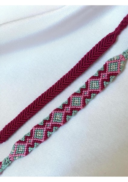 Pembe Etnik Desenli Mavi ve Pembe Örgü Bileklik 2'li Set